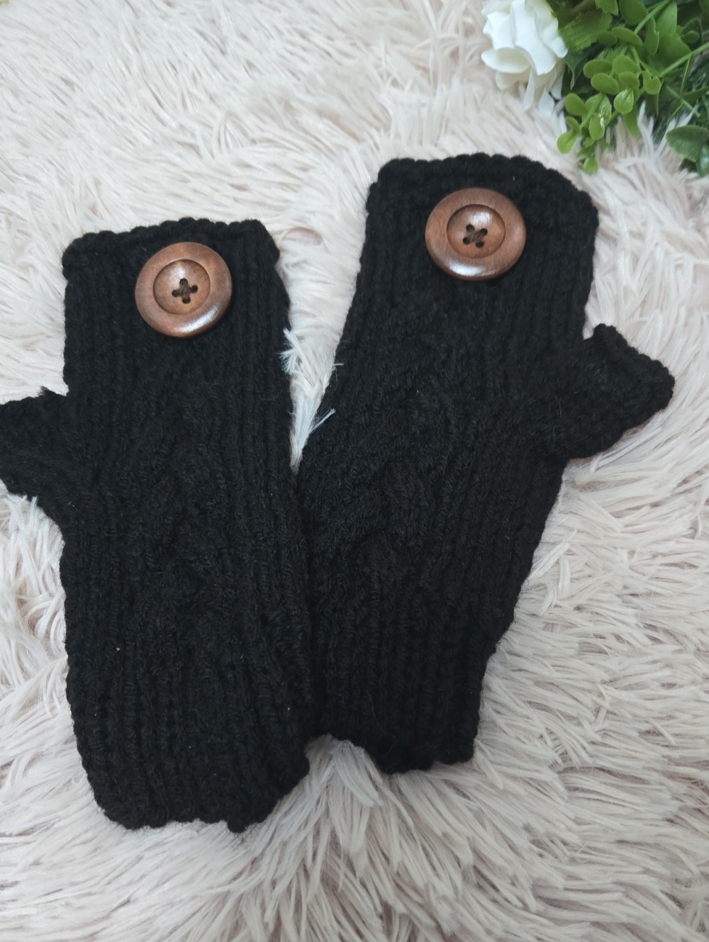 * New Handknit Fingerless cabled pattern mittens wrist warmers Button Black